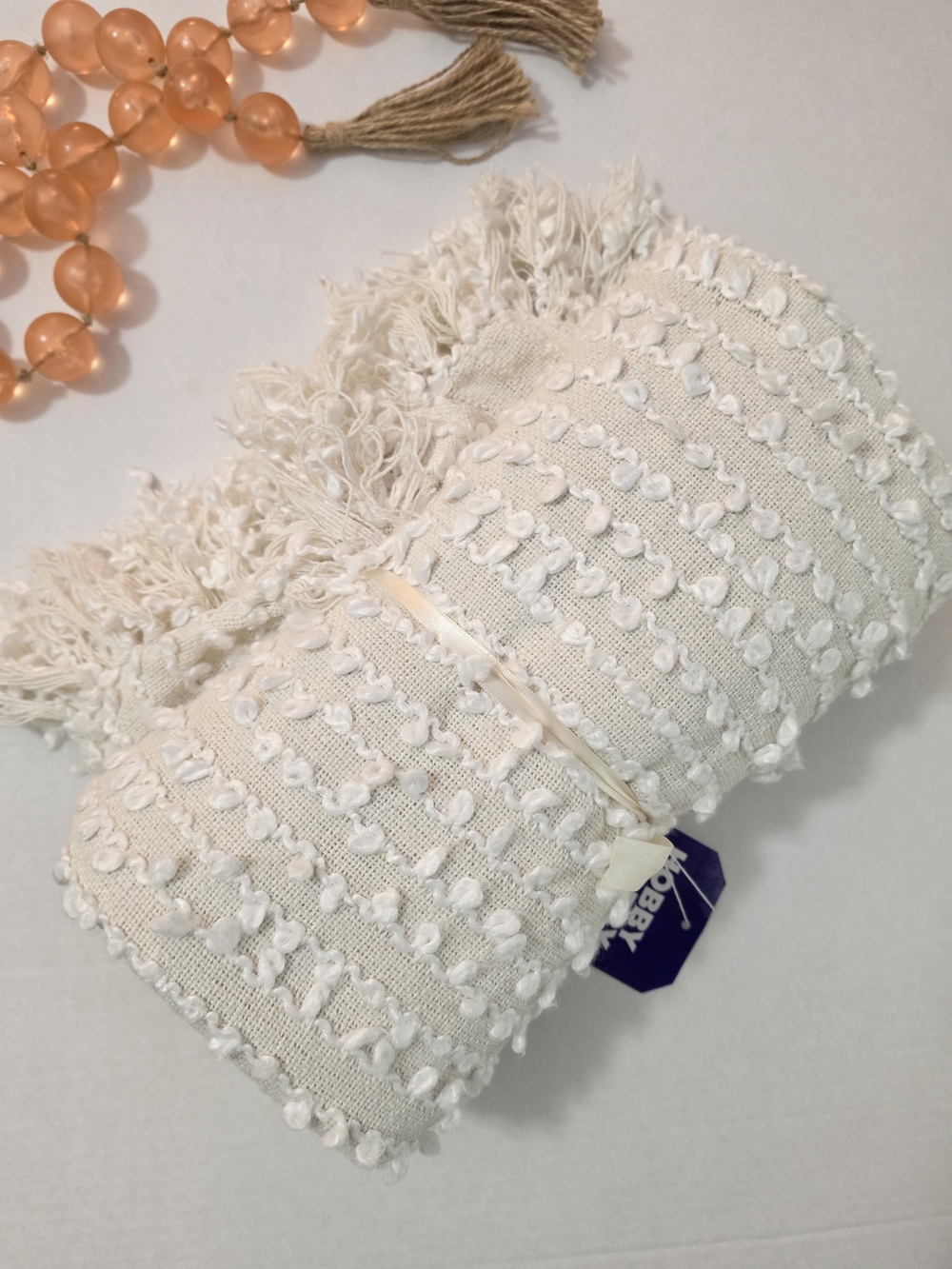 Textured Woven Cream Throw Blanket with Fringe